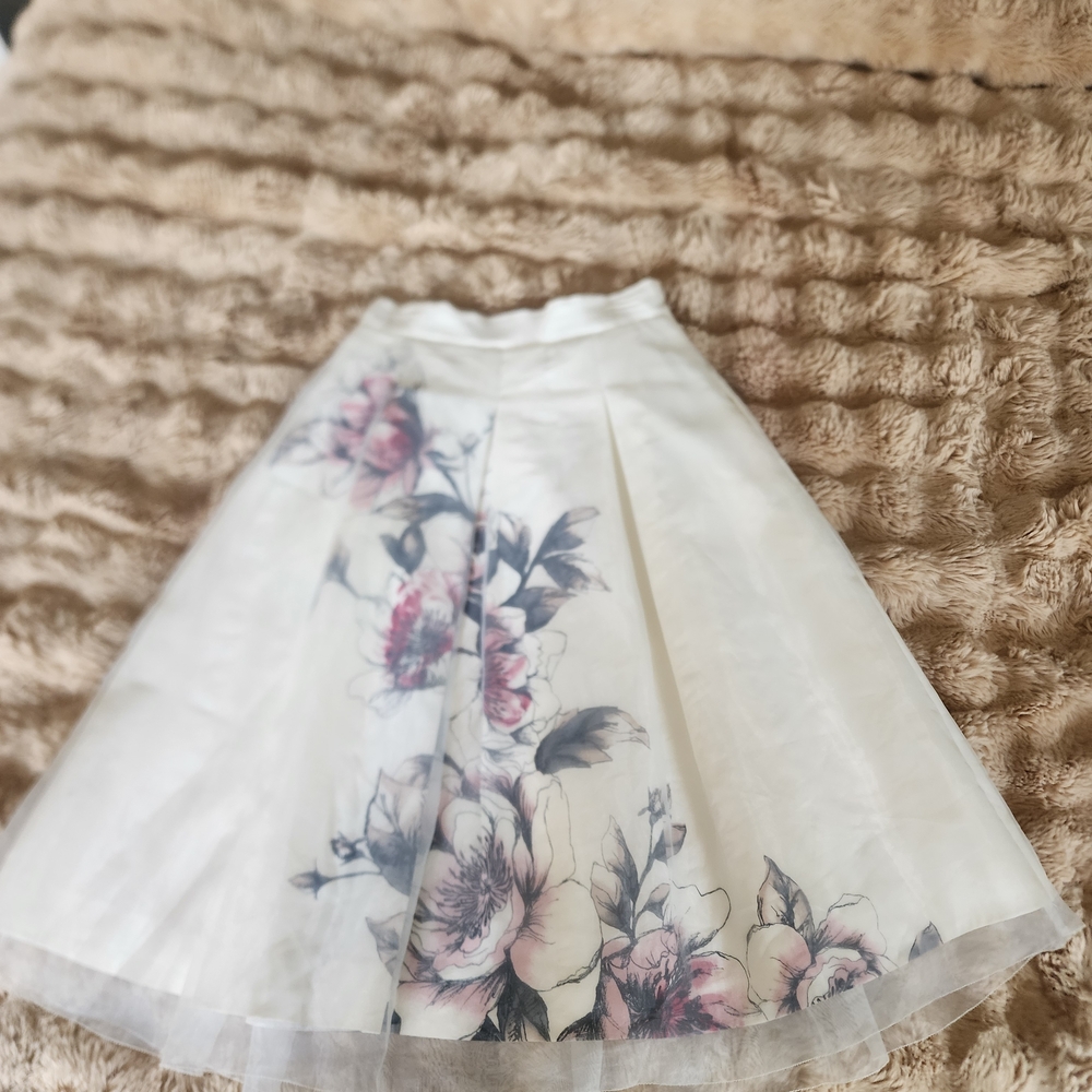 WHBM Floral A-Line Midi Skirt in White and Pink